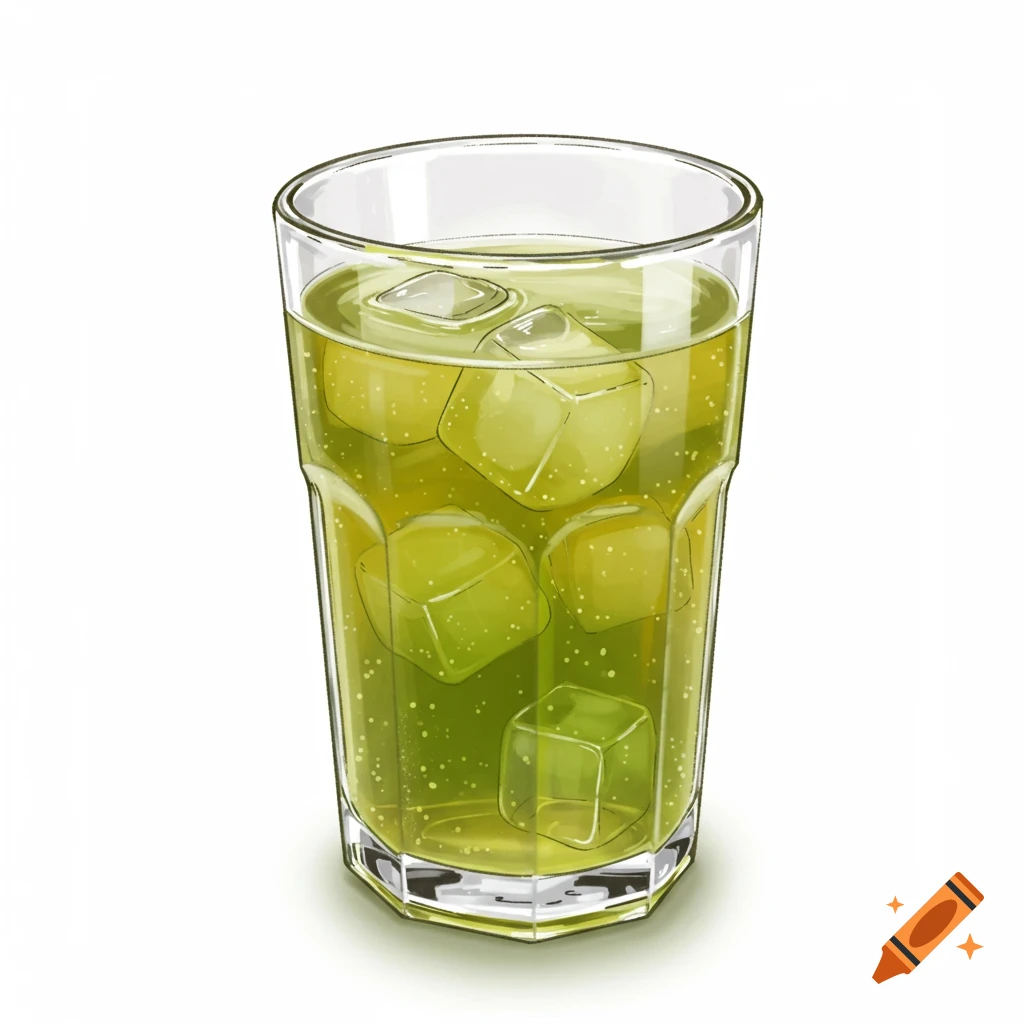 A clear glass filled with green tea and several ice cubes, set against a plain white background.