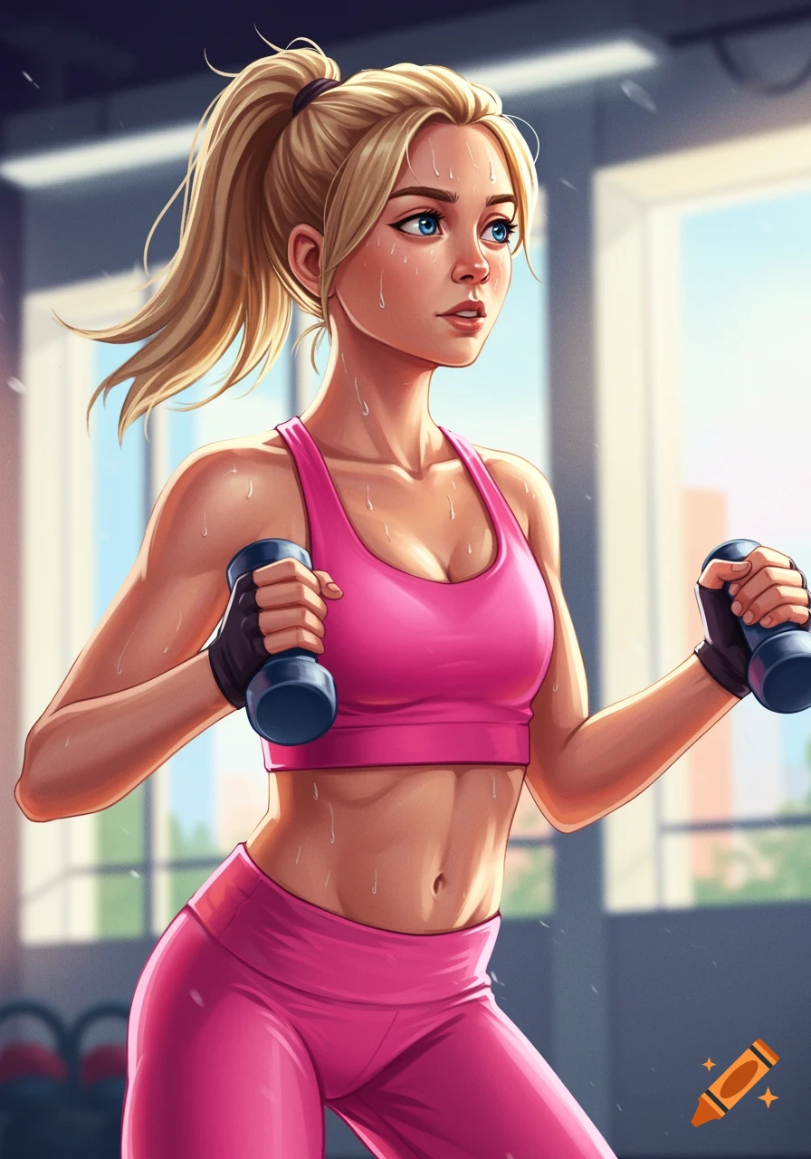 An illustration of a sweating blonde woman in a pink sports bra and leggings working out with dumbbells in a gym.