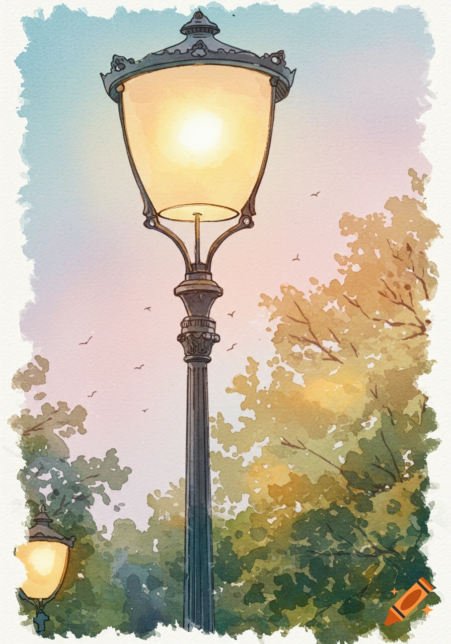 A vintage, elegant lamppost stands tall against a pastel sky with watercolor trees, glowing brightly.