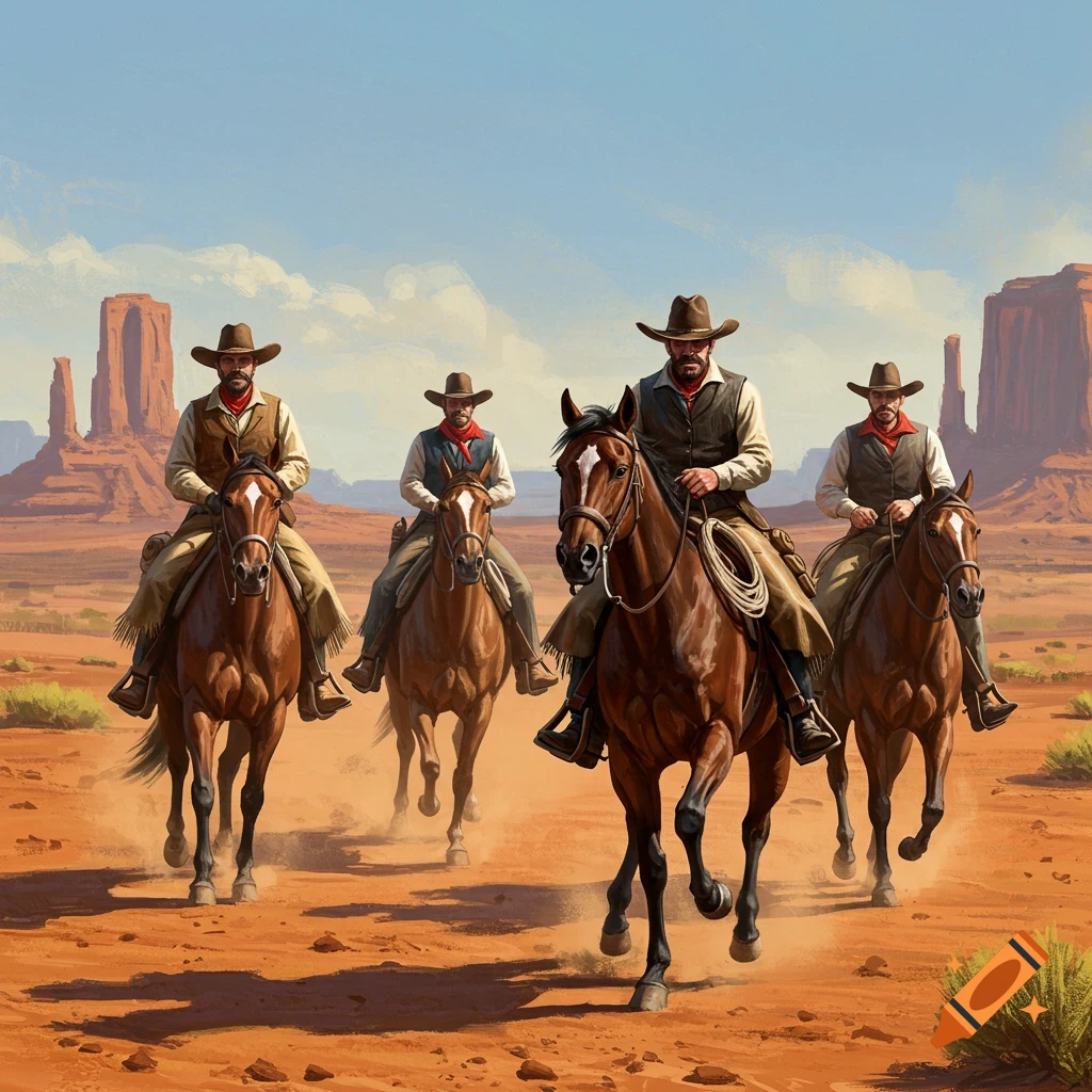 Four cowboys on horseback ride through a dusty desert landscape with rock formations and mesas in the background, in a painted style.