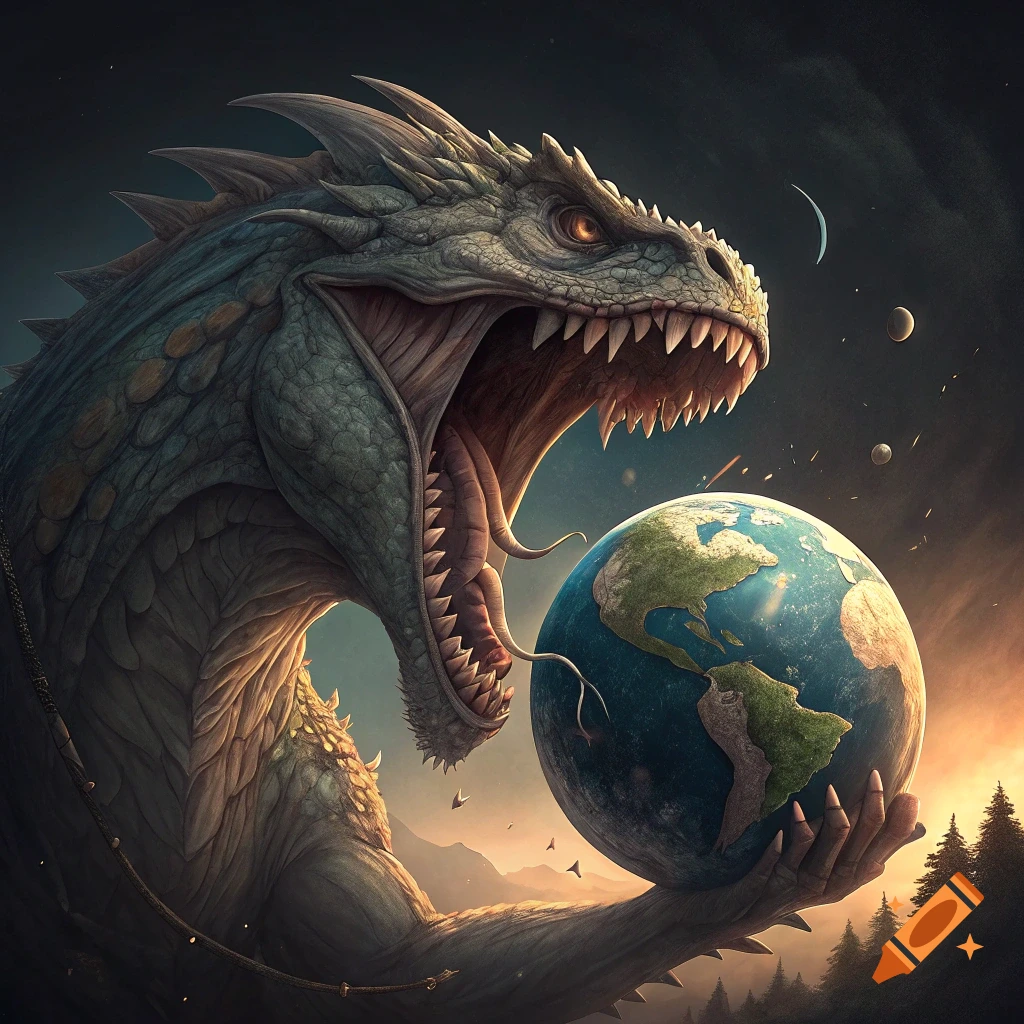 A massive, green-scaled dragon with a gaping maw holds the planet Earth in its hand against a cosmic backdrop.