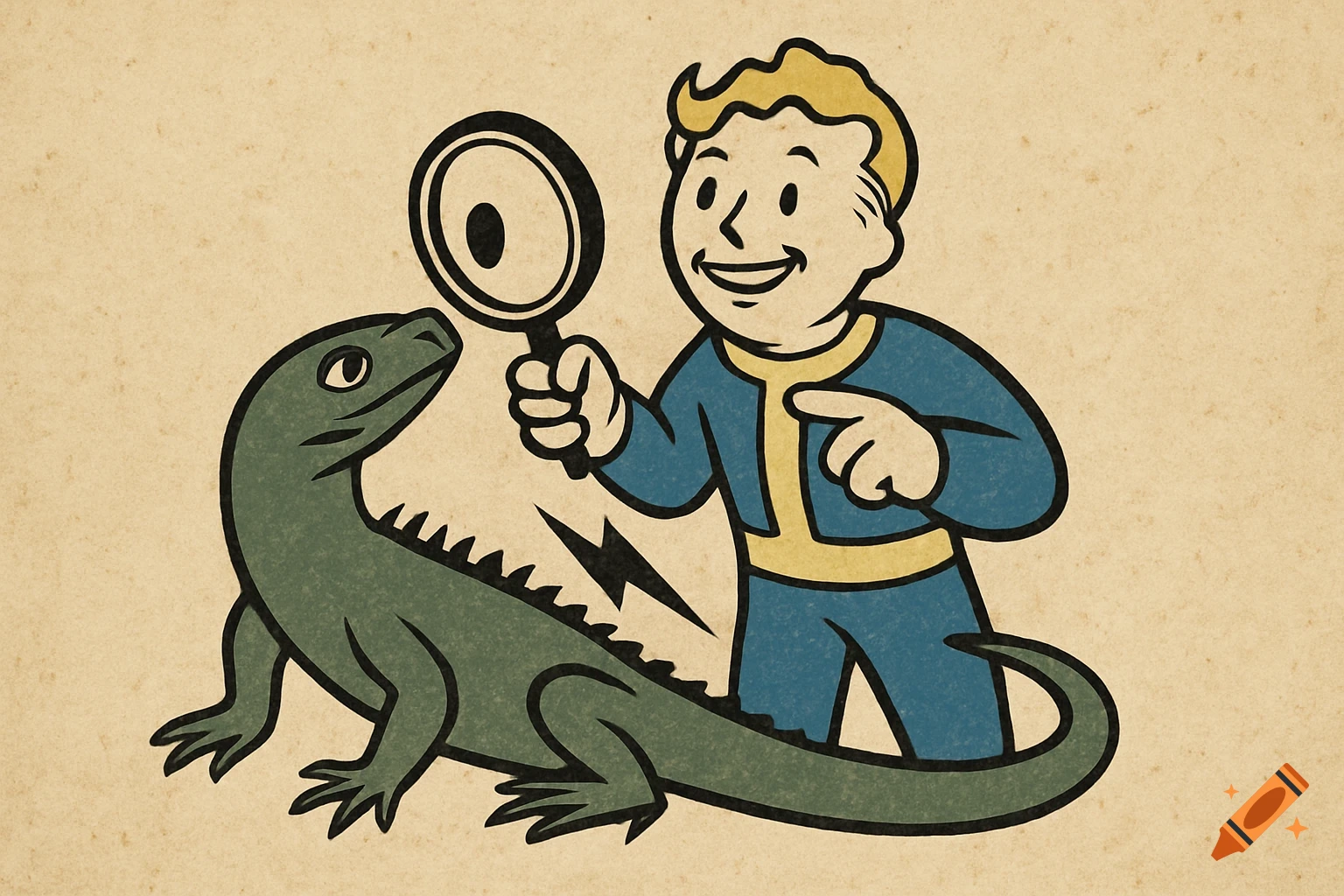 Vault Boy from Fallout holding a magnifying glass to a green lizard, in a retro cartoon style.