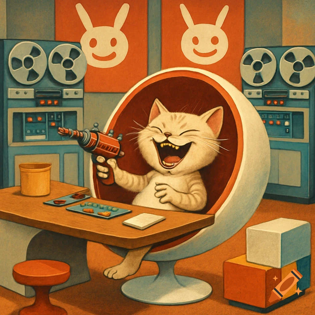A cute white cat in a retro chair laughing maniacally, holding a raygun in a 1970s supervillain sanctum with reel-to-reel computers.