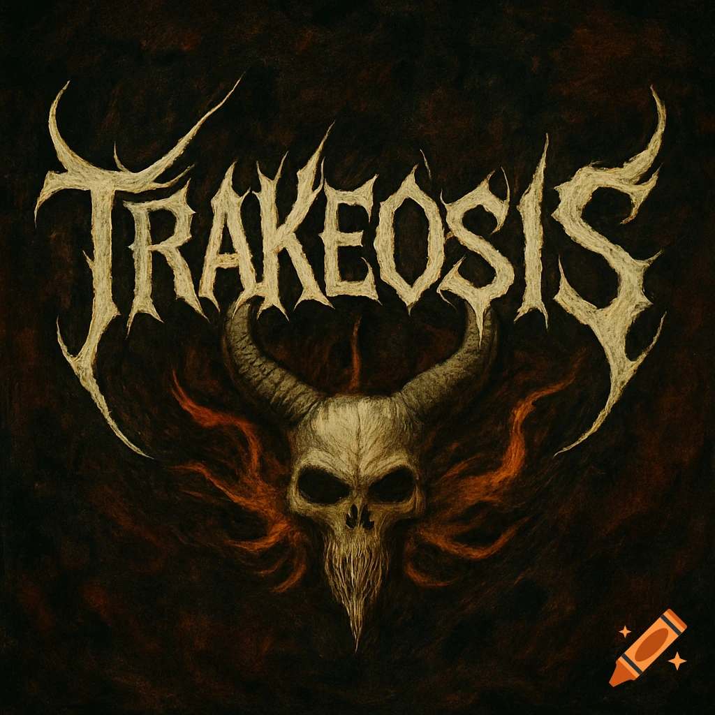 A dark, stylized logo for the band TRAKEOSIS featuring a horned skull with a pointed beard and glowing orange aura.
