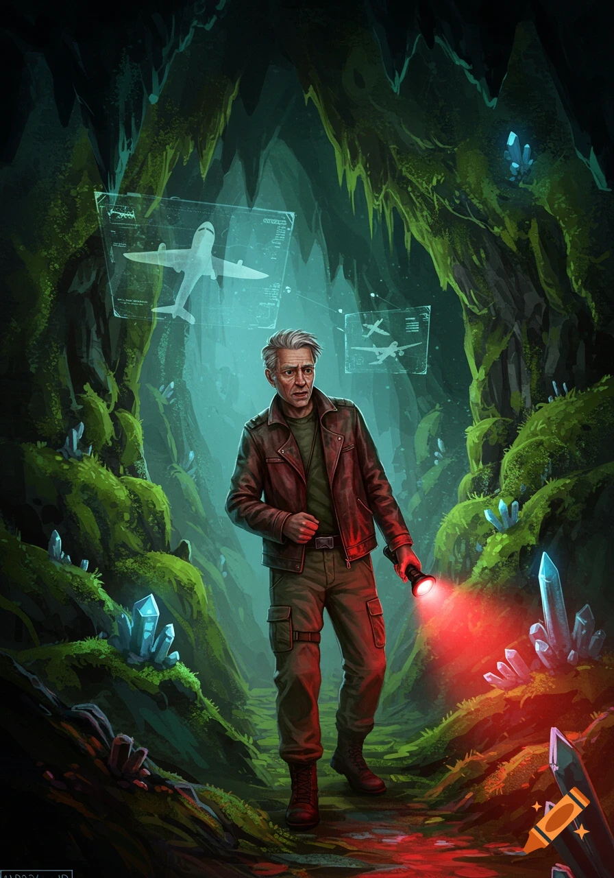Digital painting of an older man with grey hair exploring a mossy cave with a red flashlight, surrounded by glowing crystals and holographic airplane schematics.