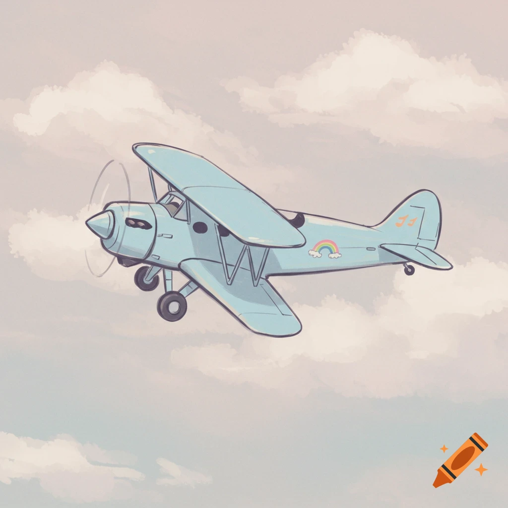 Light blue biplane with a rainbow and '33' on its tail, flying through a cloudy sky in a cartoon style.