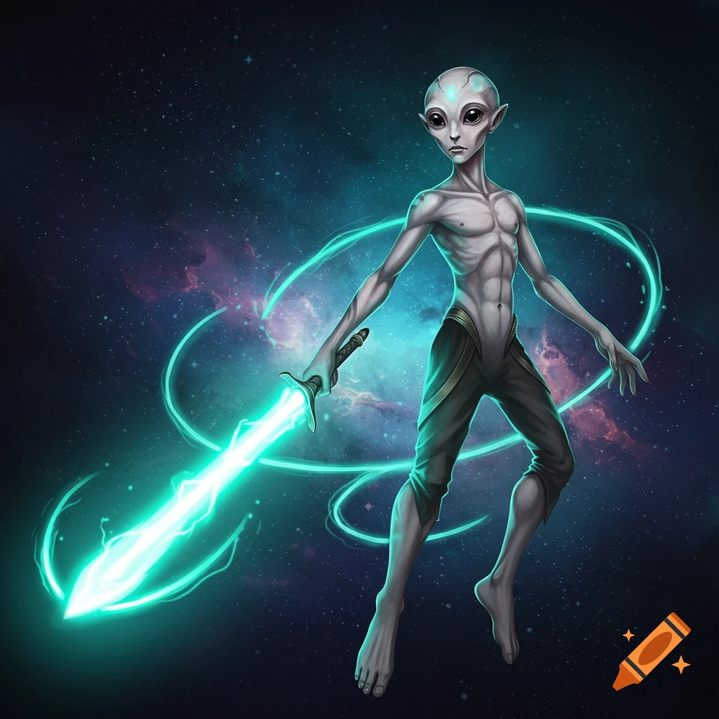 A lean grey alien with large eyes and ears holds a glowing turquoise plasma sword in a cosmic, star-filled galaxy.