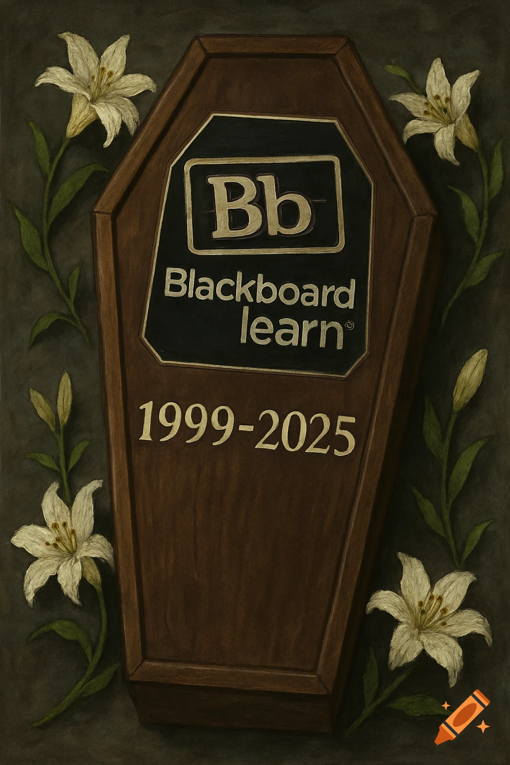 A brown wooden coffin with the 'Bb Blackboard learn' logo and '1999-2025' text, surrounded by white lilies.