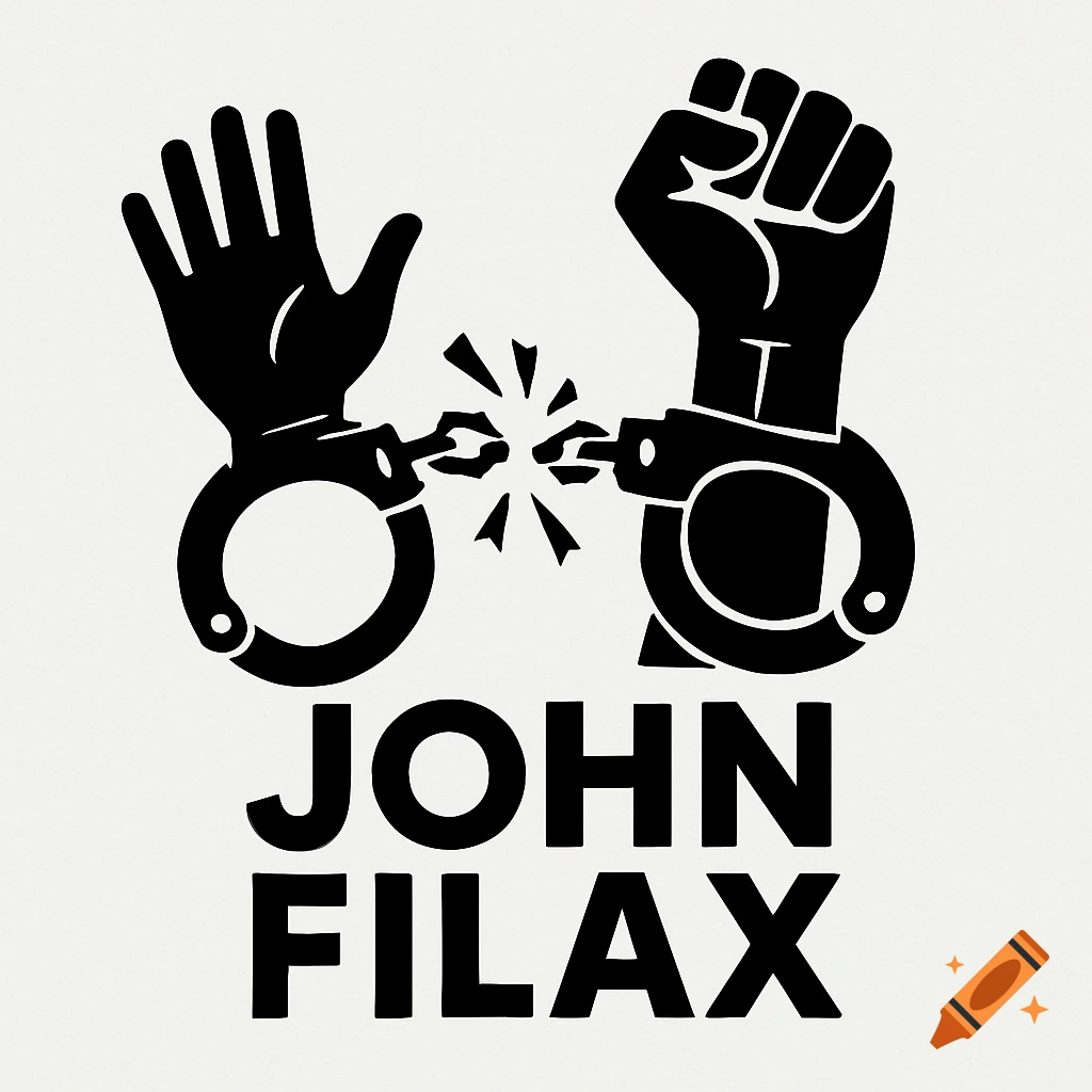 A black and white graphic showing two hands, one open and one fisted, breaking free from handcuffs, with the text 'JOHN FILAX' below.