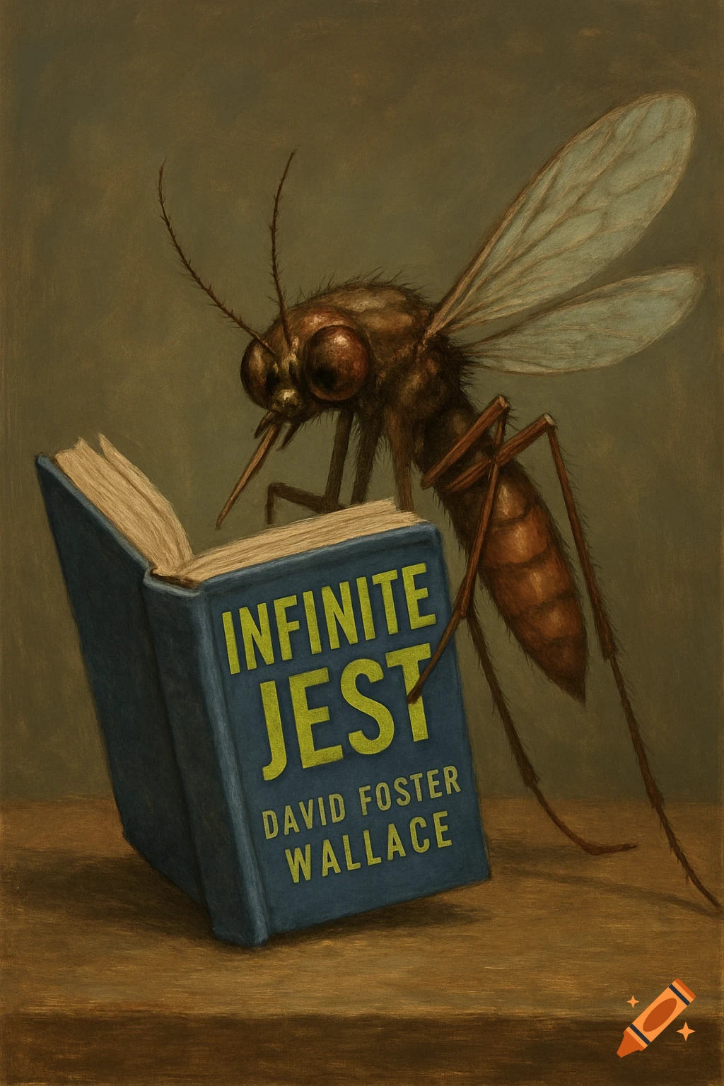 A detailed painting of a large mosquito standing over an open book titled 'Infinite Jest', appearing to read it.