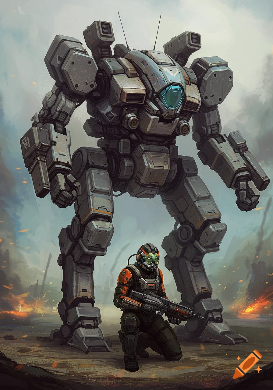 A large grey mech stands over a kneeling soldier in orange and black armor holding a rifle, amidst a smoky, war-torn landscape.