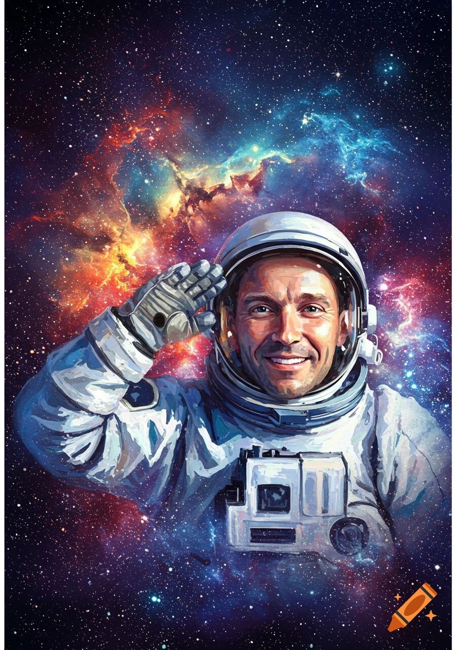 Impressionistic painting of an astronaut saluting in outer space with vibrant nebulae and stars in the background.