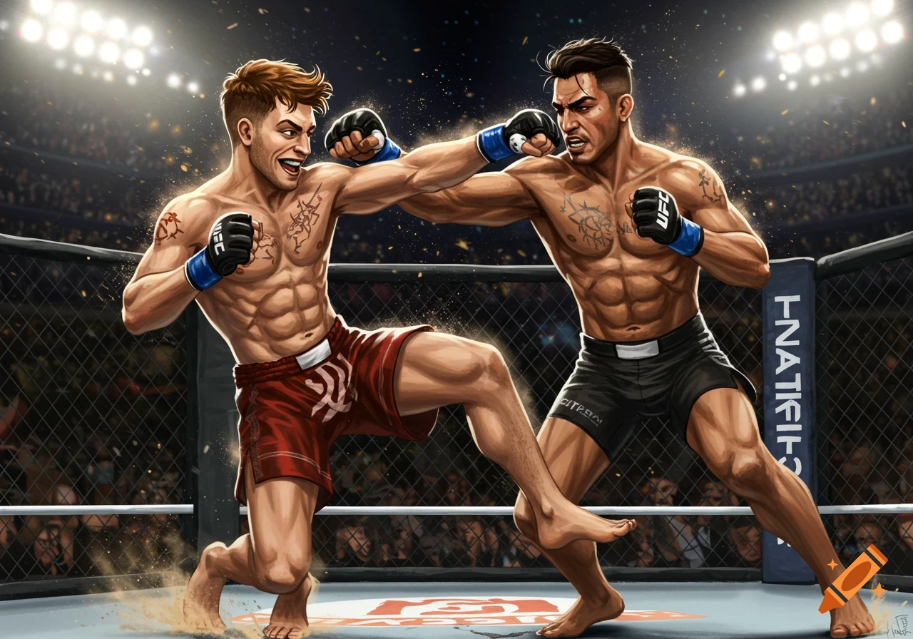 Two muscular male fighters in an MMA octagon, one throwing a punch and the other kicking, in a dynamic comic book art style.