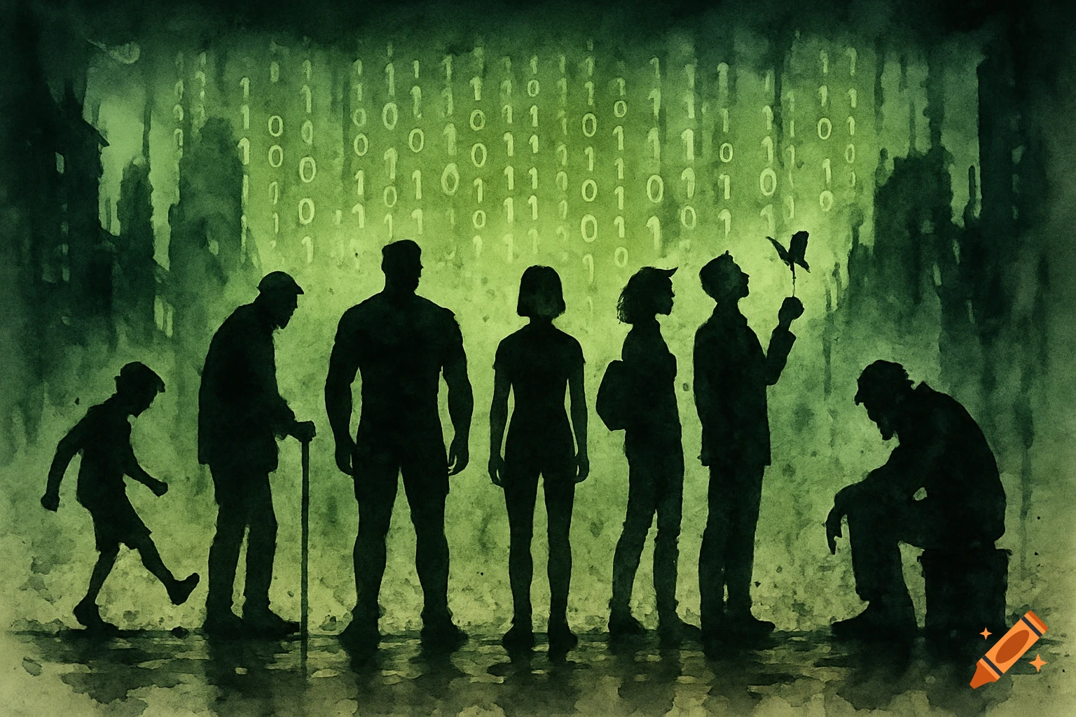 Silhouettes of diverse people stand before a green background of falling binary code, in a watercolor style, depicting a dystopian scene.