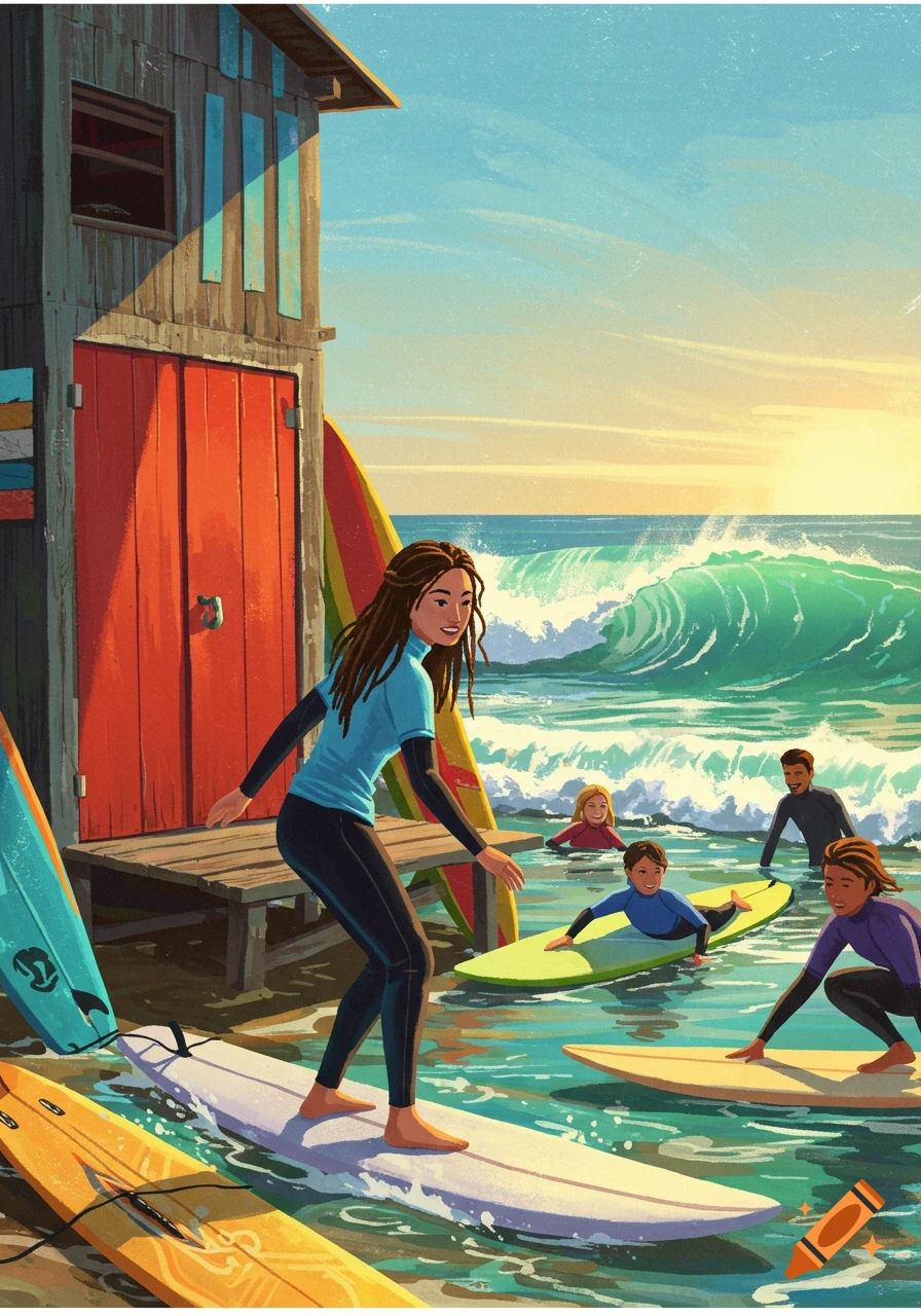 An illustration of people learning to surf on a sunny beach, with a woman standing on a surfboard in the foreground and a wooden hut nearby.