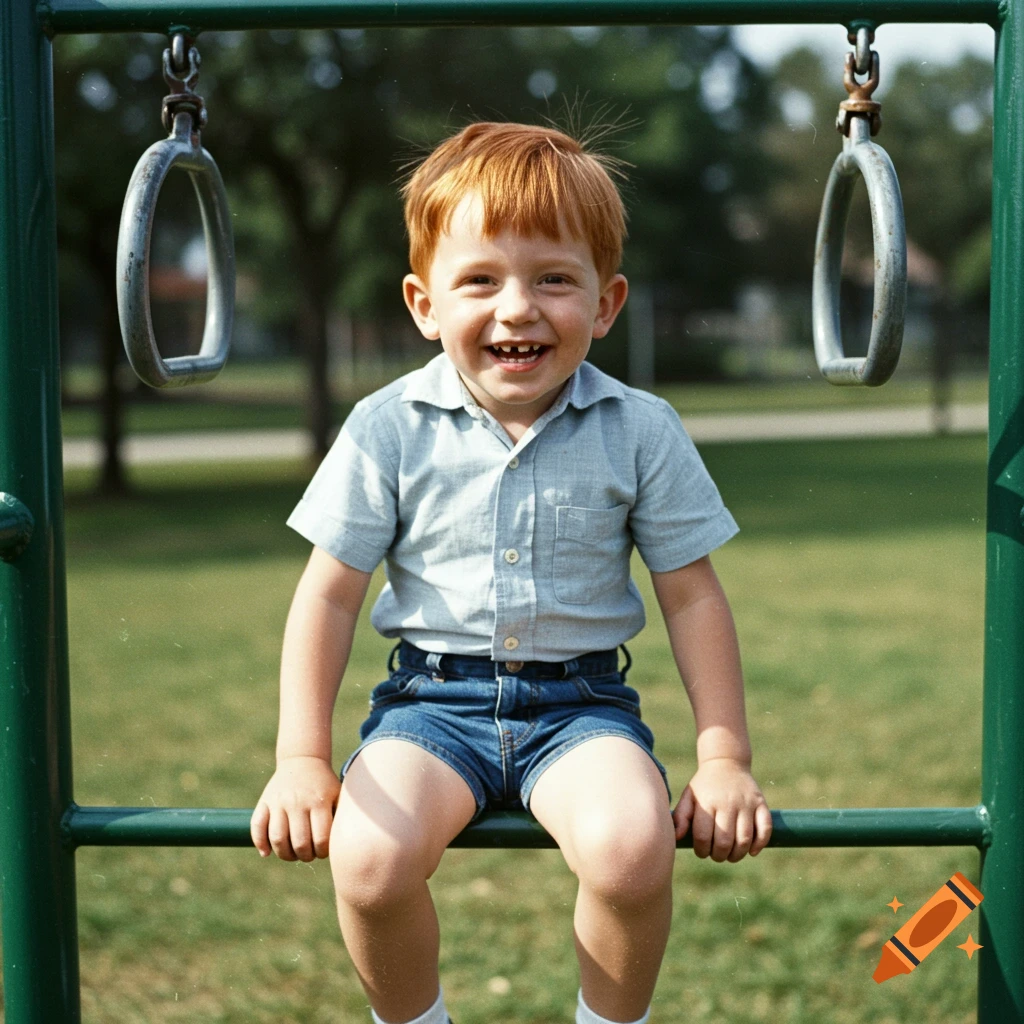 A smiling young boy with red hair and missing front teeth sits on green monkey bars in a vintage outdoor photo.