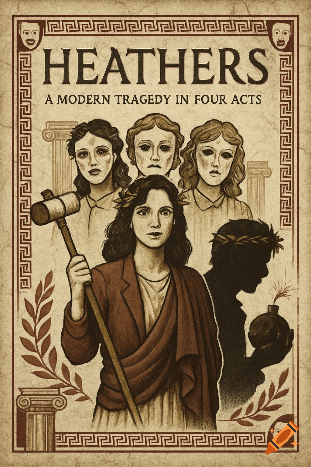 A vintage-style poster for "HEATHERS: A Modern Tragedy in Four Acts," depicting Veronica Sawyer holding a mallet, with three stylized women behind her and a shadowy figure holding a bomb.
