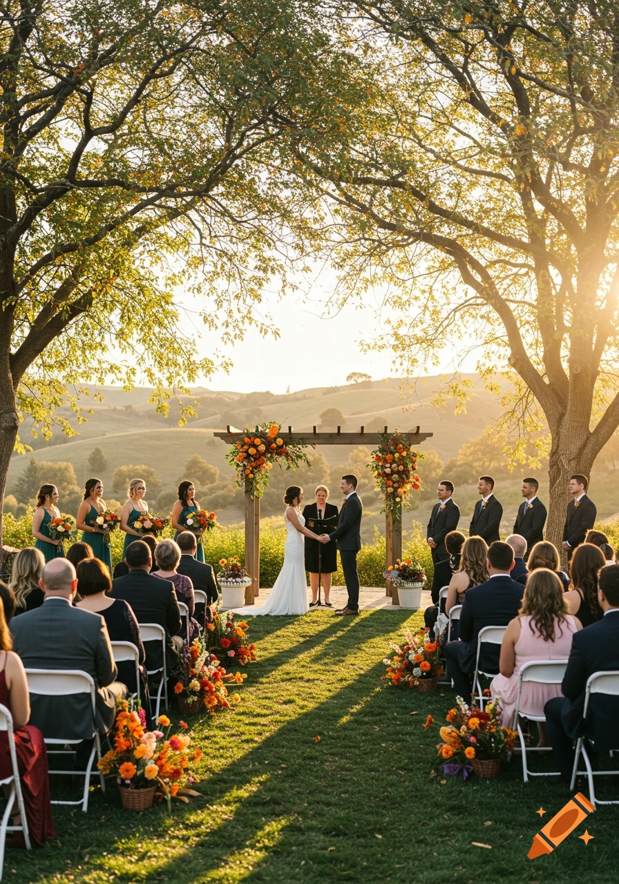 An outdoor wedding ceremony at golden hour with a bride and groom under a floral arch, surrounded by guests and rolling hills.