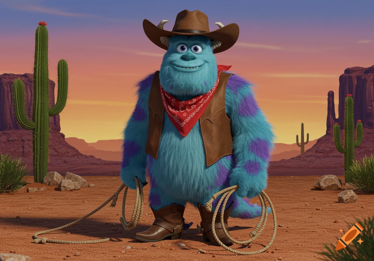 Sulley from Monsters, Inc. dressed as a cowboy, holding a lasso in a desert at sunset.