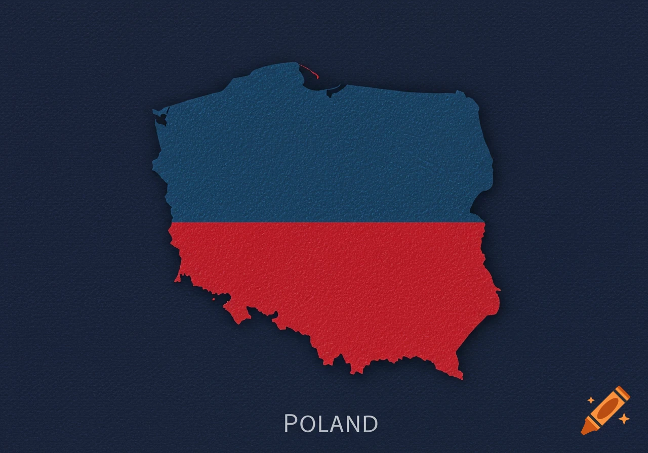 A textured map of Poland in blue and red against a dark blue background, with 'POLAND' written below.