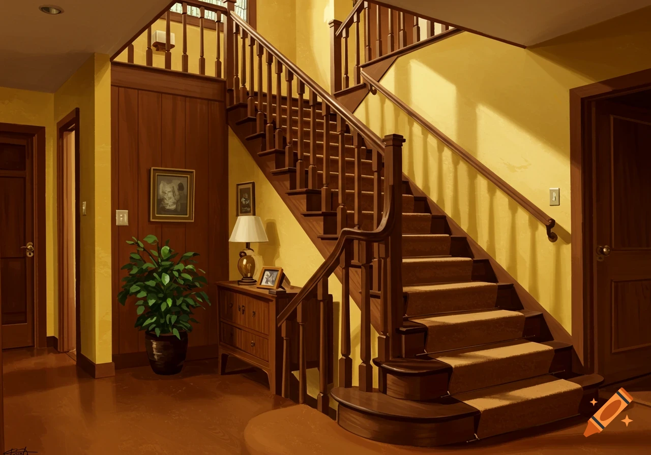 A grand wooden staircase with carpeted steps and a detailed banister in a home's entryway, with yellow walls and a plant.