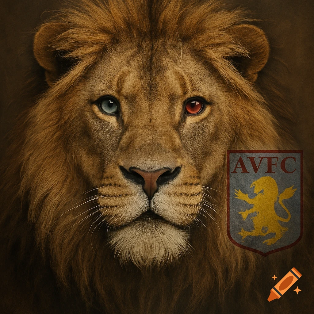 Close-up of a realistic lion's head with a blue left eye and claret right eye, an Aston Villa crest subtly blended on the right.