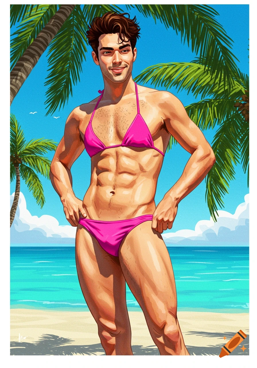An illustrated muscular man poses in a bright pink bikini on a sunny tropical beach with palm trees.