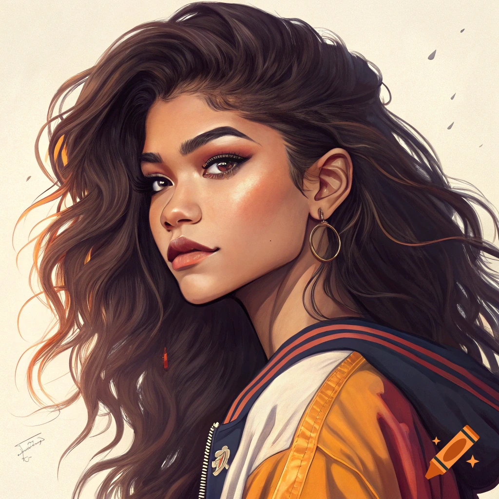 Digital art portrait of a young woman with long brown hair wearing a yellow bomber jacket and hoop earring, looking over her shoulder.