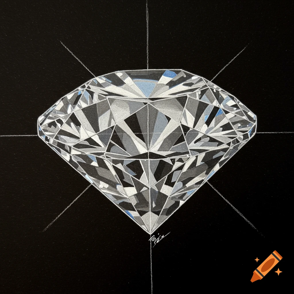 A detailed drawing of a faceted diamond on a black background with white guiding lines.
