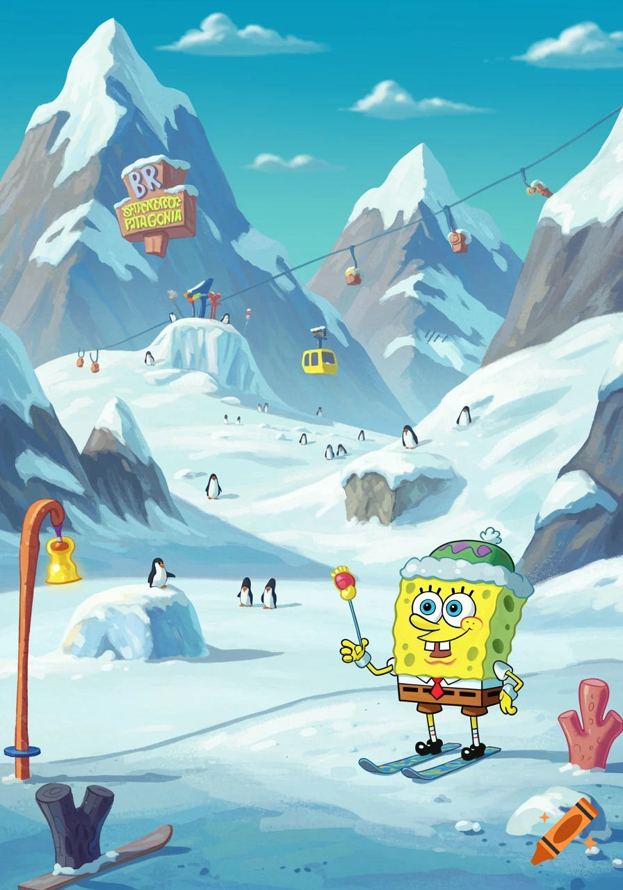SpongeBob SquarePants skiing in a snowy mountain landscape with penguins, ski lifts, and a sign for "BR SPRINGS PATAGONIA". Cartoon style.