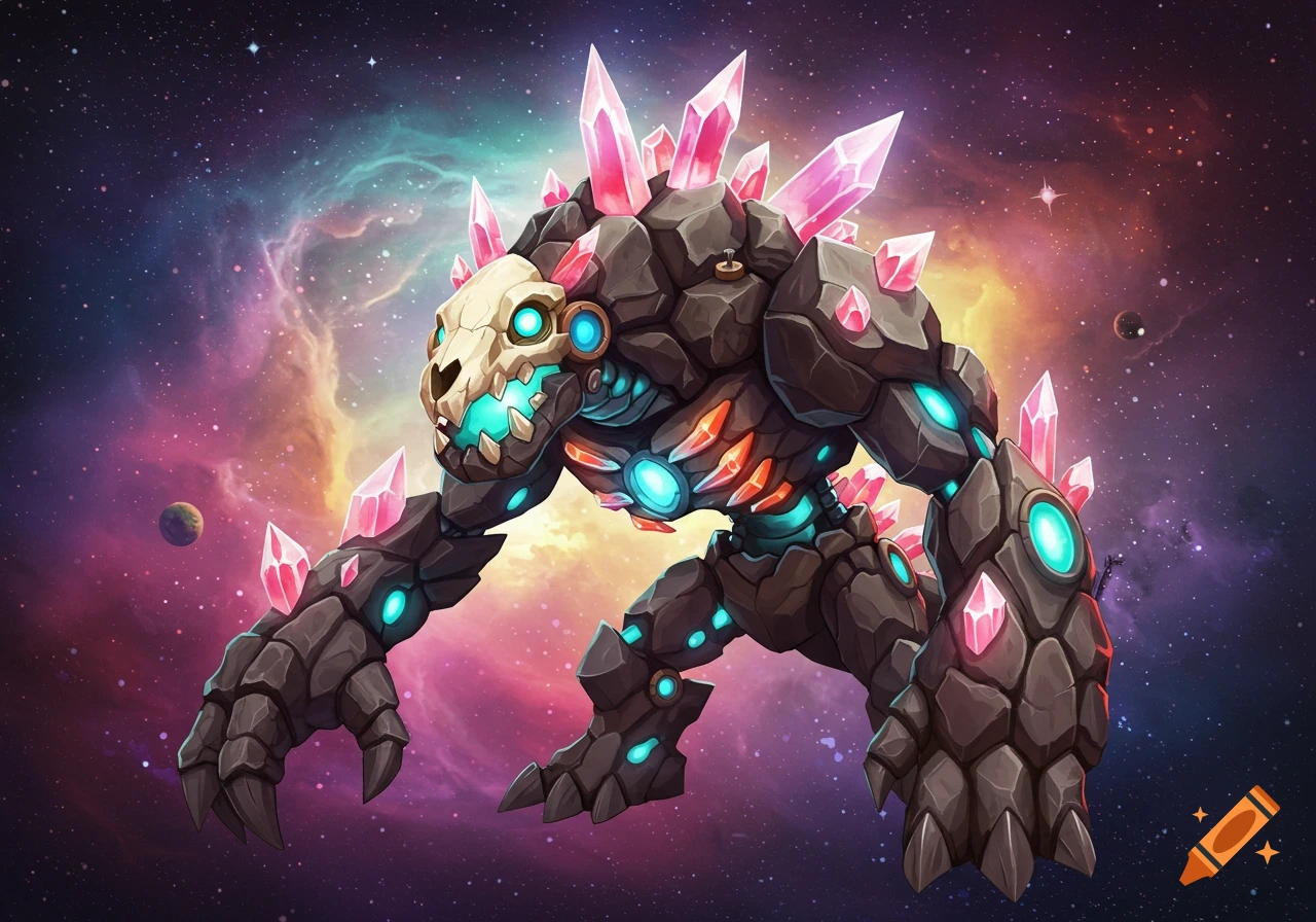A stylized rock, bone, and crystal monster with glowing blue and orange elements against a vibrant cosmic nebula background.