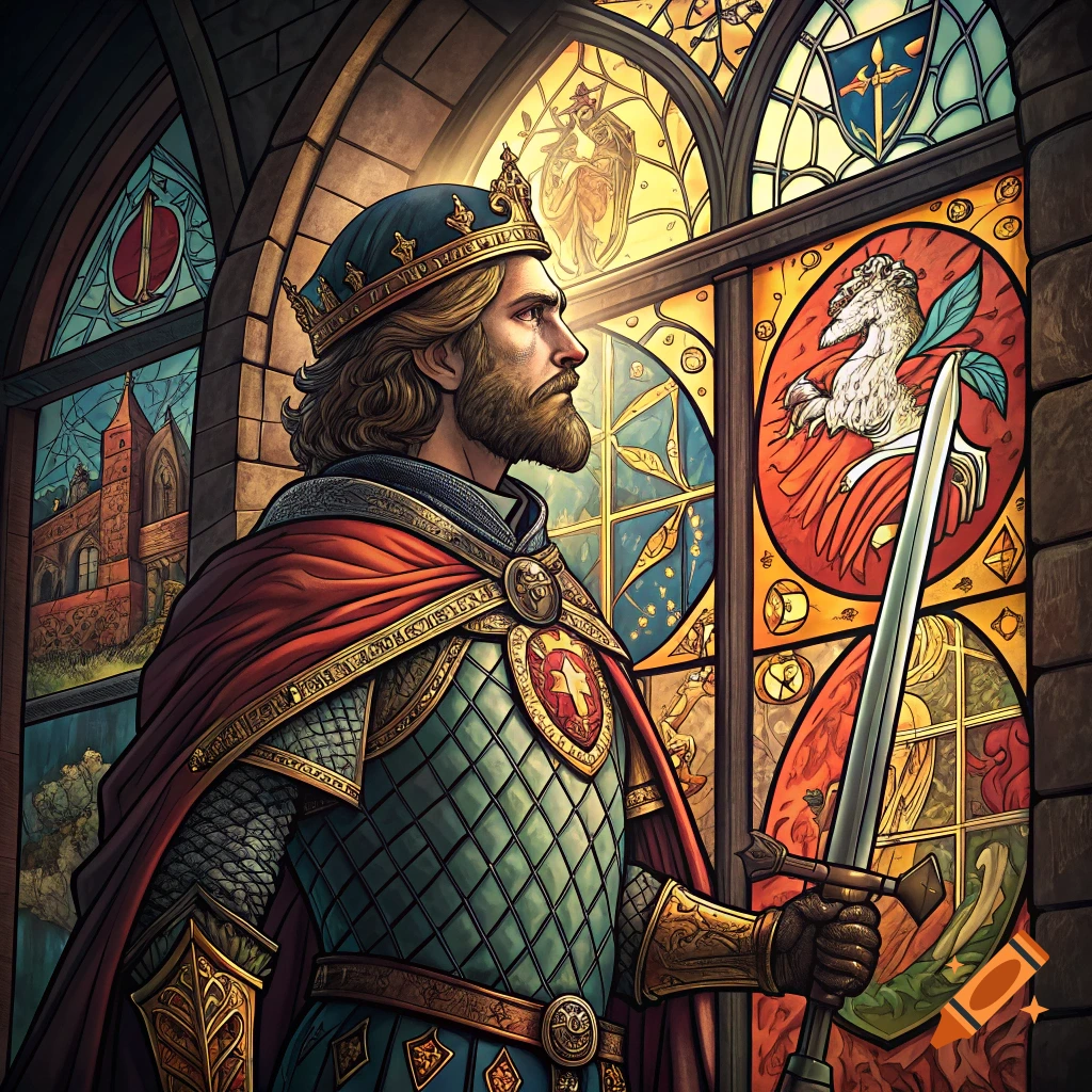 A king in armor holding a sword, depicted in a vibrant stained glass art style inside a cathedral.