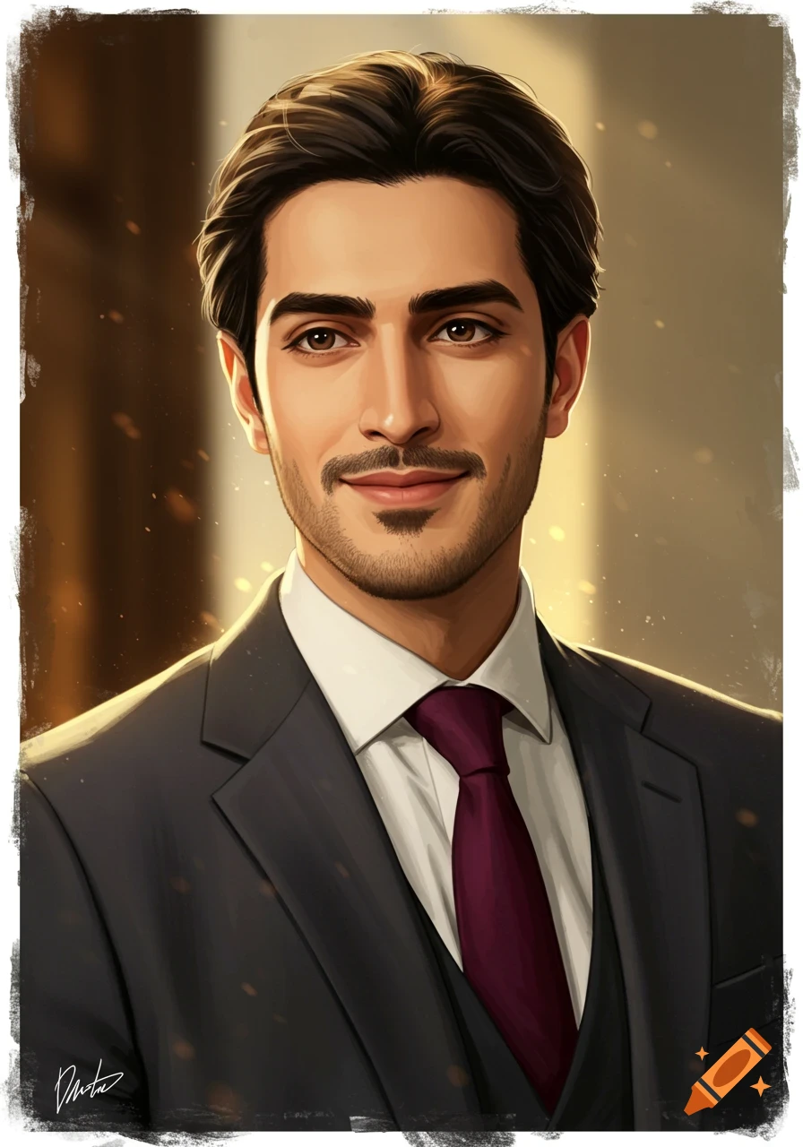 Digital art portrait of a handsome man with dark hair, beard, and mustache, wearing a suit and burgundy tie, smiling subtly.