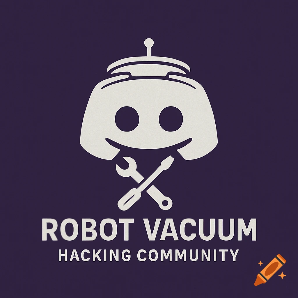 A white stylized robot head logo resembling Discord, with a wrench and screwdriver, and the text 'ROBOT VACUUM HACKING COMMUNITY' on a dark purple background.