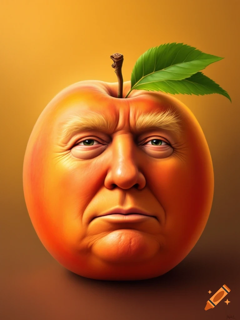 Photorealistic image of Donald Trump's face seamlessly integrated into a peach, with a stem and leaves on top.