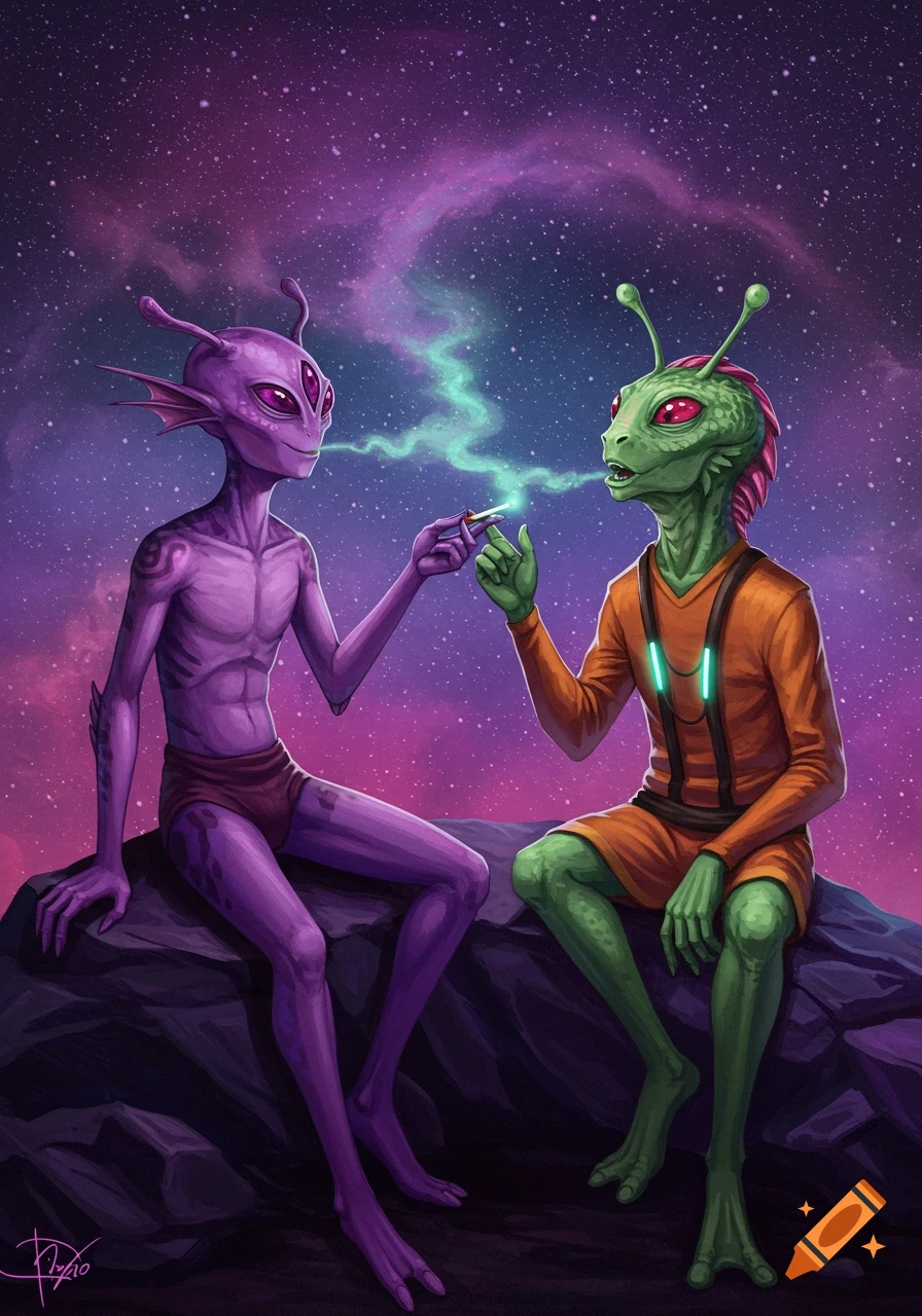 Two detailed aliens on a rocky planet under a starry, nebulae-filled sky. A purple, three-eyed alien hands a lit cigarette to a green alien.