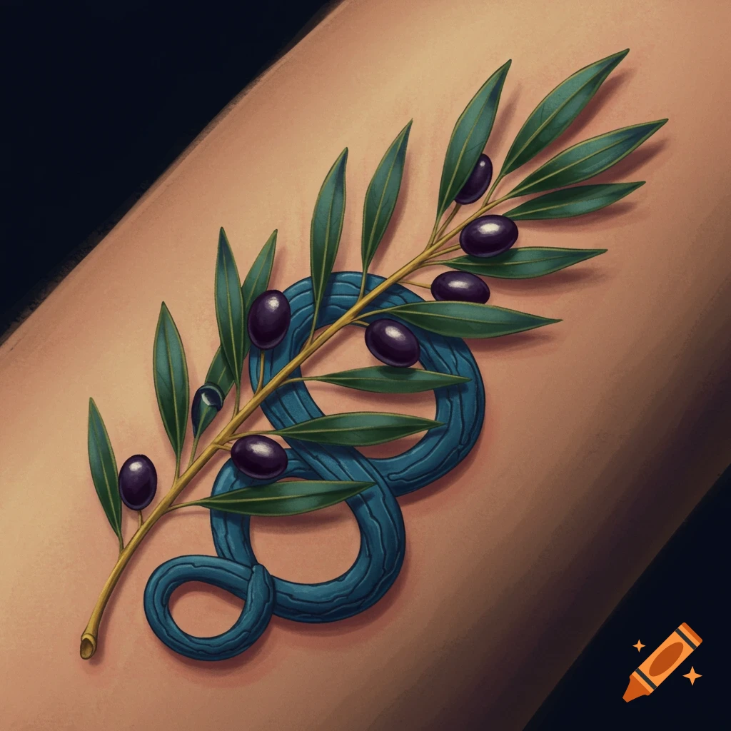 A tattoo of an olive branch with purple olives and a blue serpentine symbol on a light-skinned arm.
