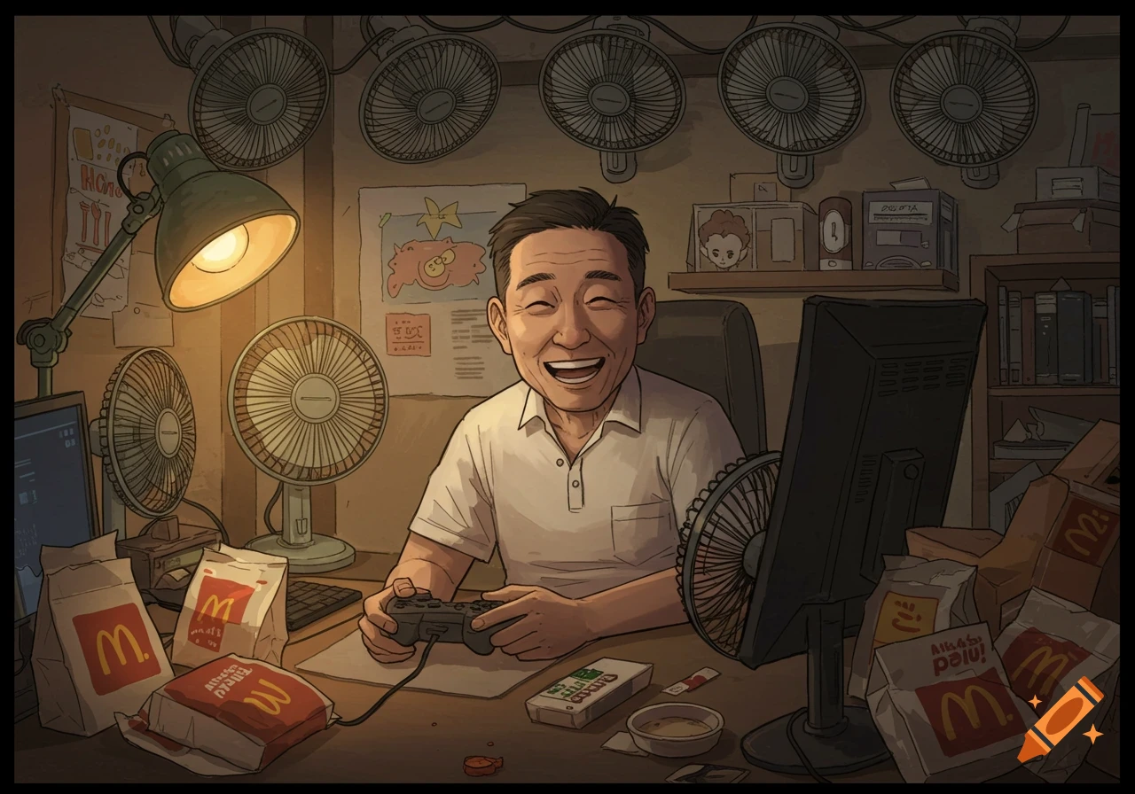 A joyful Asian man plays video games at a desk surrounded by fans and McDonald's bags in an illustrated style.