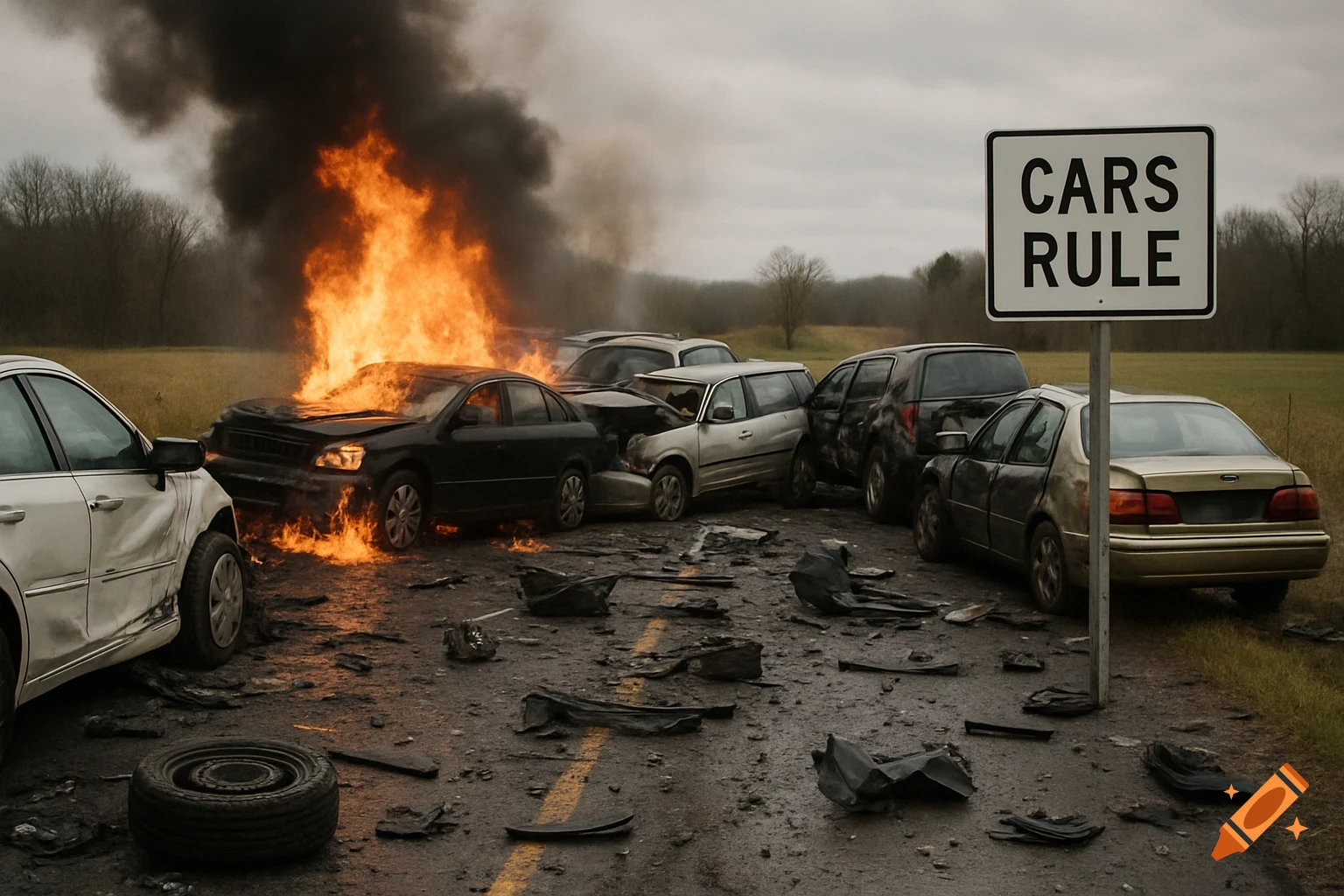 A photorealistic image of a multi-car pile-up on a rural road, with a car ablaze and debris scattered. A sign reads 'CARS RULE'.