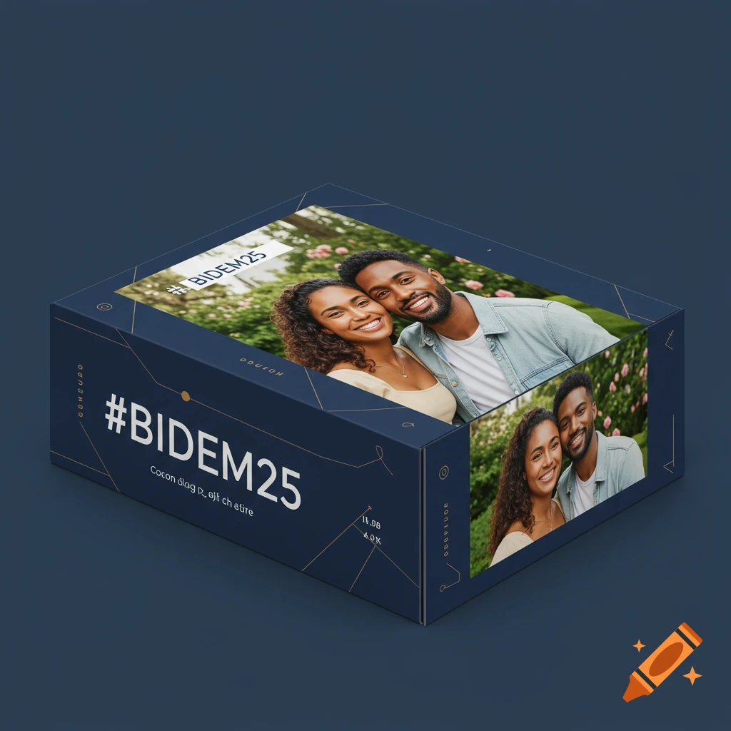 A dark blue custom PR box package featuring photos of a smiling couple on its top and side surfaces. The text "#BIDEM25" is prominently displayed on the side of the box.