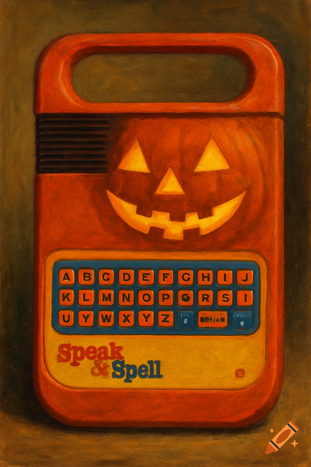 Vintage orange Speak & Spell toy with a carved jack-o'-lantern face and keyboard. Painted style.