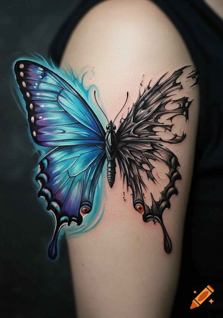 A vibrant blue and purple butterfly tattoo on an arm, with one half detailed and the other half ragged and black.
