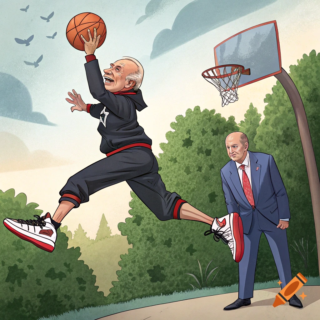 Cartoon caricature of Joe Biden dunking a basketball over Vladimir Putin on an outdoor court.