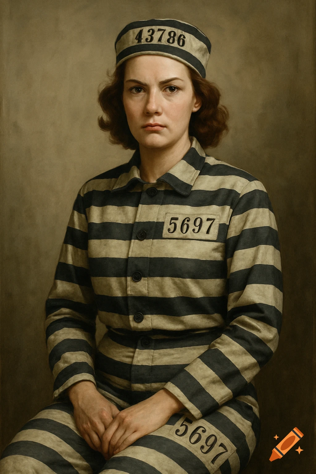 A woman in a striped prison uniform and cap, with inmate numbers, in a 1950s style portrait.