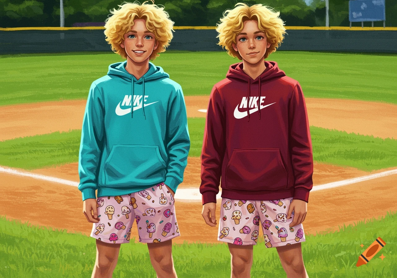 Illustrative image of two teenage boys in hoodies and ice cream shorts on a baseball field.