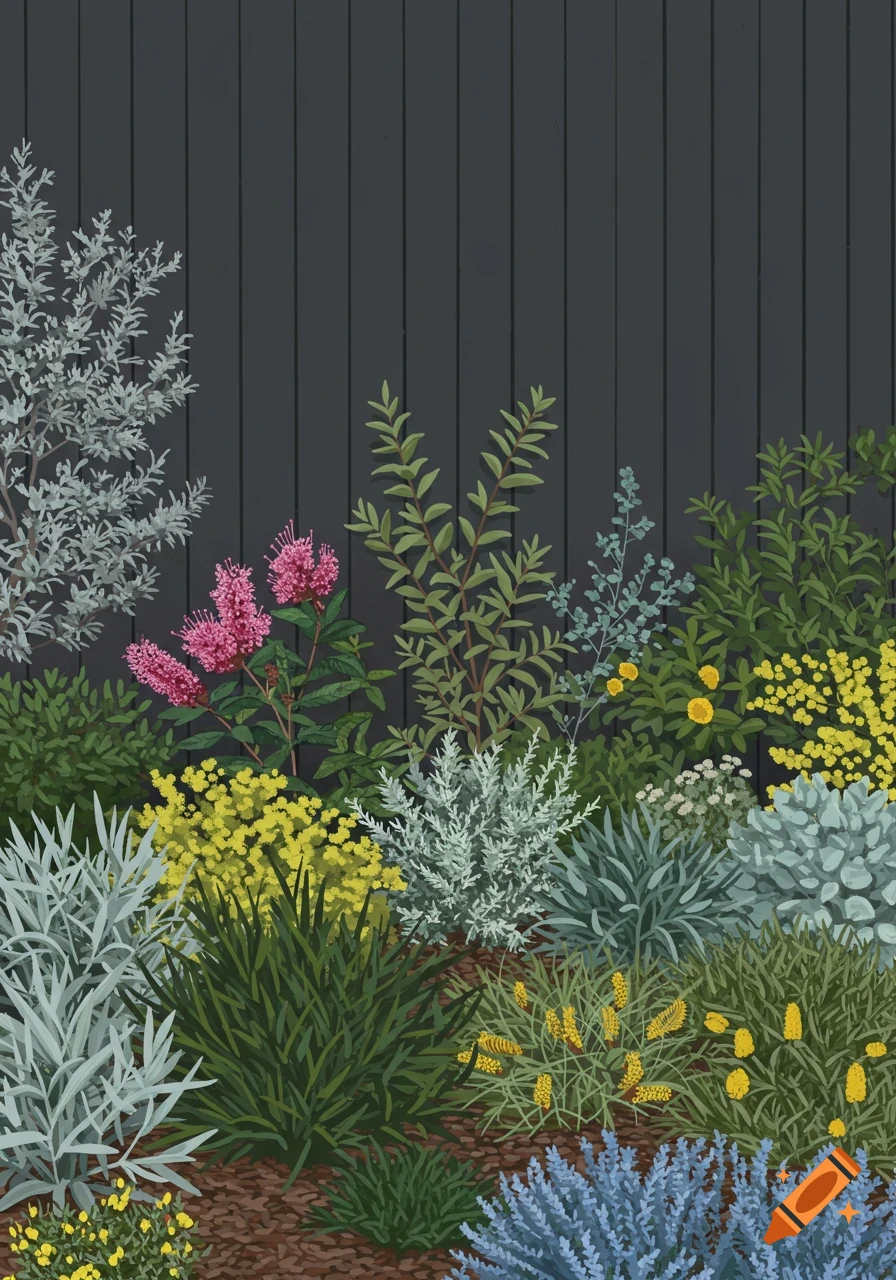 An illustrated native Australian garden with various colorful plants and foliage against a dark gray fence.