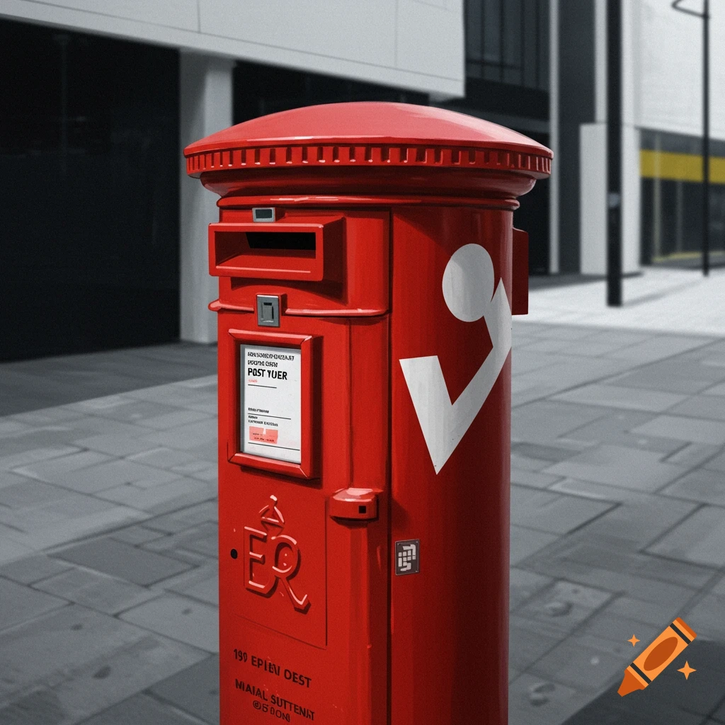 A bright red British-style post box stands on a grey city sidewalk.