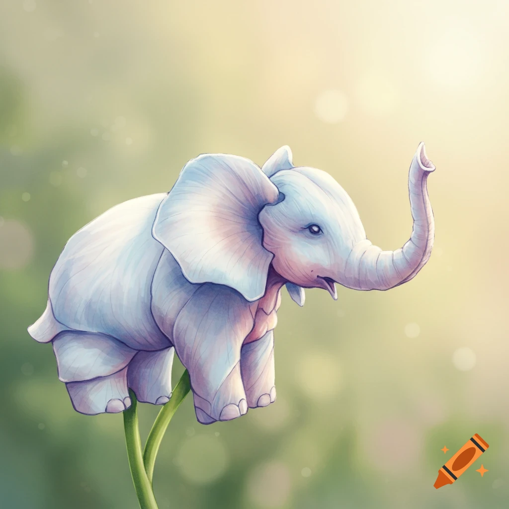 A cute elephant formed from white flower petals stands on a green stem, depicted in a watercolor style with a soft, bright background.
