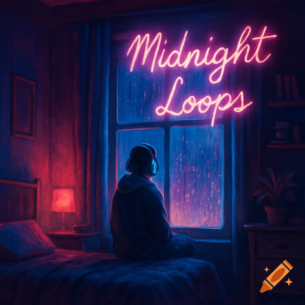 A person with headphones sits by a rainy window in a dark room with a neon 'Midnight Loops' sign, in a dreamy digital painting.