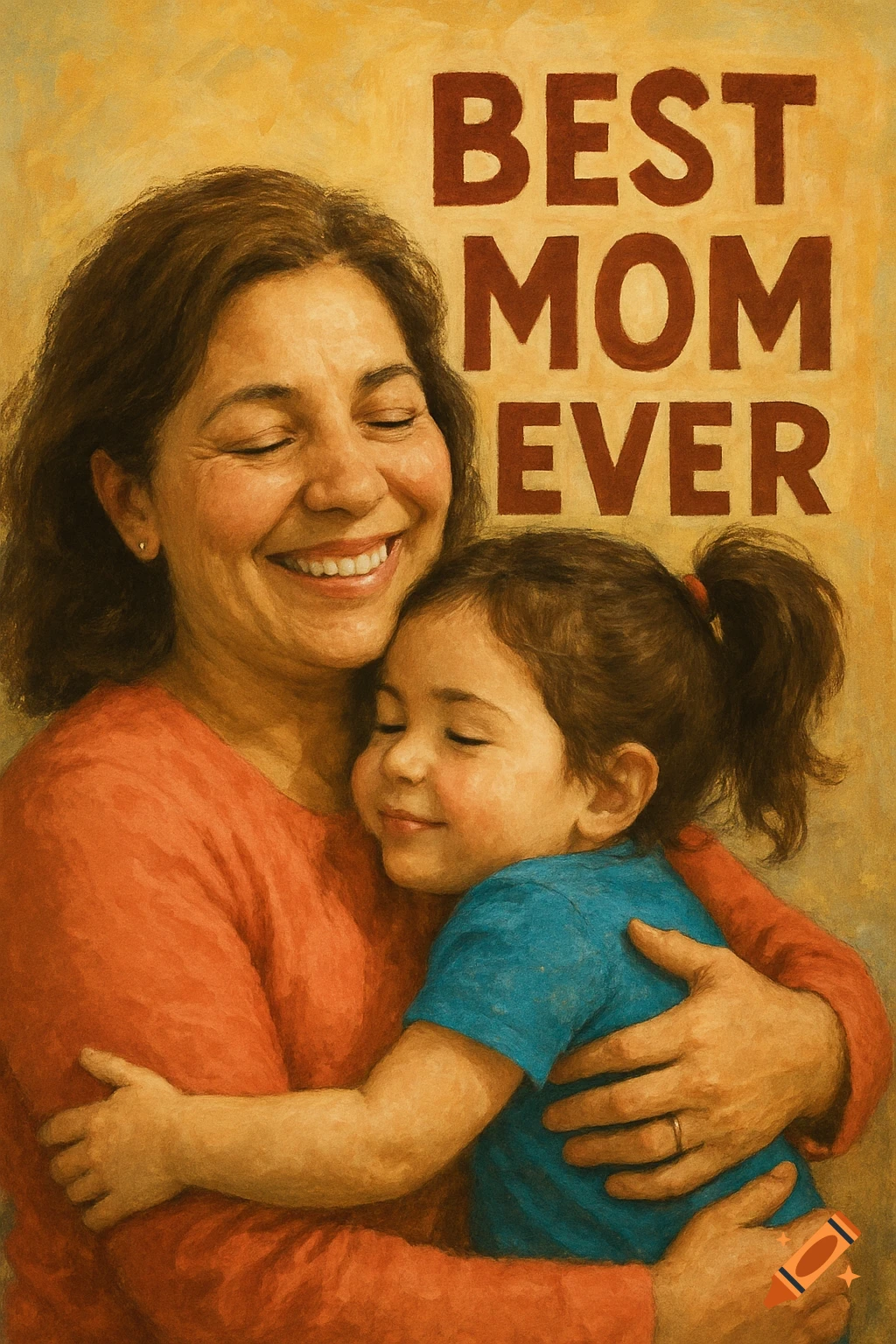 An oil painting of a smiling mother hugging her young daughter, with the text 'BEST MOM EVER' above them.